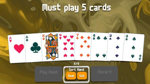 Balatro screenshot: A hand of seven playing cards is displayed with options to sort by rank or suit, and a prompt to play five cards.