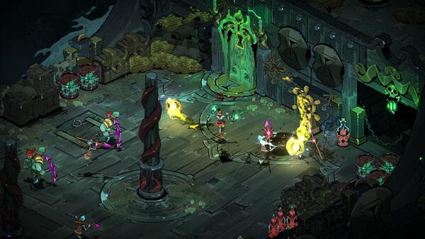 Hades II screenshot: Characters engage in combat in a dark, mystical chamber with glowing green and gold elements.