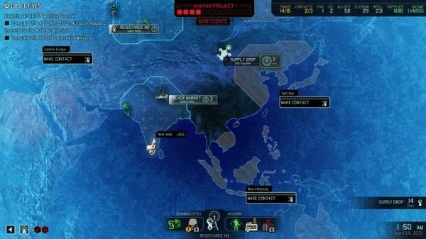 Screenshot of XCOM® 2 showing a strategic map with mission objectives and supply drop locations across different continents.