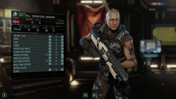 XCOM® 2 screenshot: A soldier in combat gear holding a rifle, with a stats menu displayed on the left side of the screen.