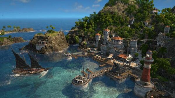 Anno 1800 screenshot: Coastal settlement with docks, ships, and a lighthouse, surrounded by lush greenery and rocky cliffs.
