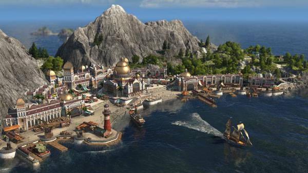 Screenshot from Anno 1800 showing a bustling coastal city with ships, ornate buildings, and a mountainous backdrop.