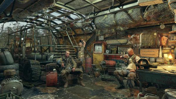 Metro Exodus screenshot: Three characters sit in a cluttered and worn-out workshop, surrounded by tools, machinery, and supplies.
