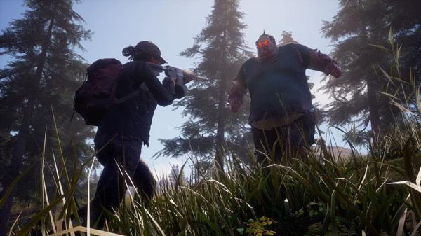 A screenshot from State of Decay 2: Juggernaut Edition showing a survivor aiming a gun at a towering zombie in a forest setting.