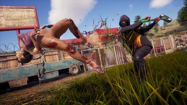State of Decay 2: Juggernaut Edition screenshot showing a survivor attacking a zombie with a melee weapon in a grassy area.