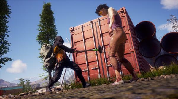 A screenshot from State of Decay 2: Juggernaut Edition showing a survivor with a sledgehammer facing a zombie near shipping containers.