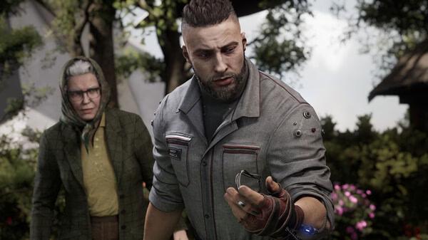 Screenshot from Atomic Heart showing a character reaching out with a device, standing outdoors with another character nearby.