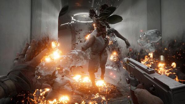 Screenshot from Atomic Heart showing a player aiming a gun at a fiery, mutated creature in a narrow corridor with flames and debris.