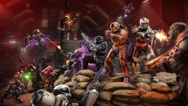 Halo Infinite screenshot: Spartans engage in intense combat against alien enemies in a vibrant red-lit battlefield.