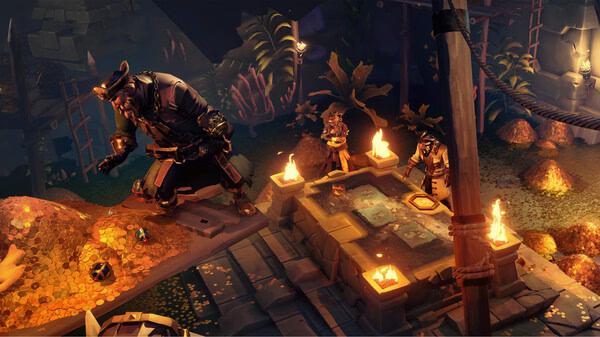 Sea of Thieves: 2026 Edition screenshot showing pirates exploring a treasure-filled cavern with glowing gold and lit torches.