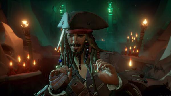 Sea of Thieves: 2026 Edition screenshot showing a pirate with a tricorne hat surrounded by glowing lights and torches in a cave.