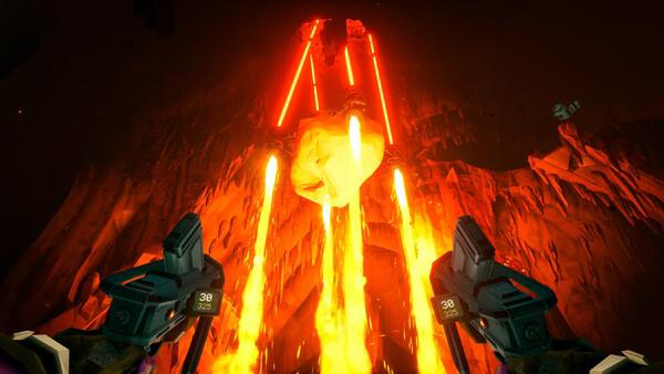 Deep Rock Galactic screenshot: A player dual-wields weapons facing a fiery, glowing meteor against a rocky cave backdrop.