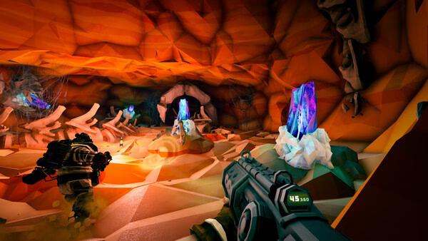 Screenshot from Deep Rock Galactic showing a cave with colorful crystals and two dwarves exploring the rocky terrain.