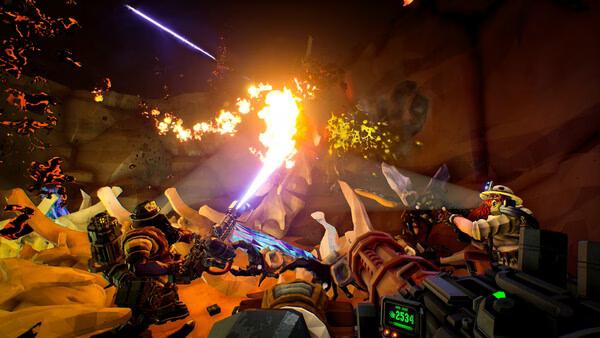 Deep Rock Galactic screenshot: Players battle alien creatures in a fiery cave, using weapons and teamwork to survive intense combat.