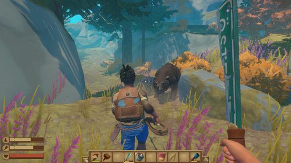 Screenshot from Raft shows a player facing a bear in a colorful forest, with health and inventory visible on the screen.