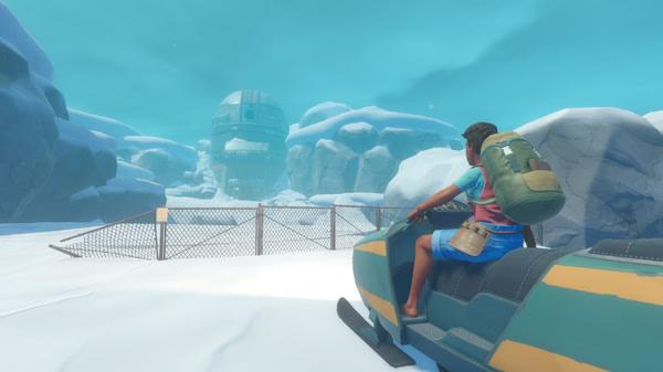 Screenshot from Raft: A character on a snowmobile approaches a fenced area with a large dome in a snowy landscape.