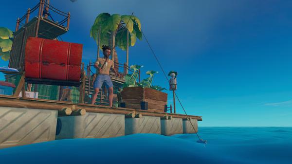 A Raft screenshot showing a player fishing from a wooden raft surrounded by barrels, plants, and clear blue ocean under a sunny sky.