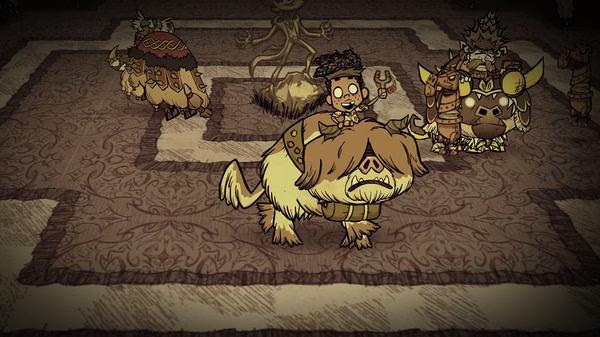 A "Don't Starve Together" screenshot showing a character riding a beefalo, surrounded by more beefalo in a patterned area.