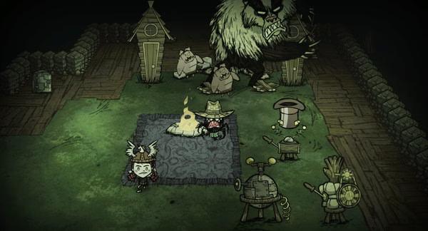 Don't Starve Together screenshot: Characters and creatures gather around a campfire in a wooden fort at night.
