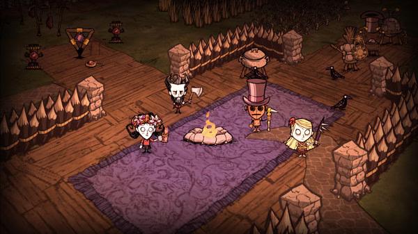 Screenshot from Don't Starve Together showing four characters with unique outfits gathered around a campfire on a wooden floor.