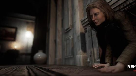 Screenshot from Remothered: Tormented Fathers shows a person crawling through a narrow space in a dimly lit room.