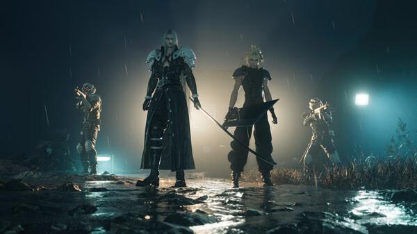FINAL FANTASY VII REBIRTH screenshot: Characters stand in a rainy landscape, with one wielding a large sword, illuminated by lights.