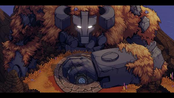 A screenshot from Sea of Stars: Sunset Edition showing a massive stone golem covered in moss, resting in a scenic autumn landscape.