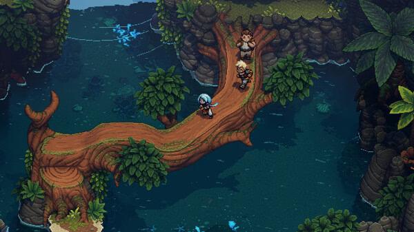 A screenshot from Sea of Stars: Sunset Edition showing three characters standing on a large tree bridge over a serene blue river.