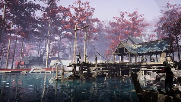 A Chrono Odyssey screenshot showing characters on a wooden dock surrounded by red-leaved trees and calm water in a serene environment.