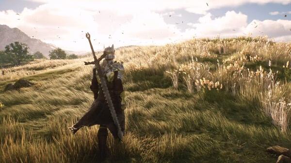A Chrono Odyssey screenshot showing a character in armor wielding a large sword, standing in a sunlit grassy field.