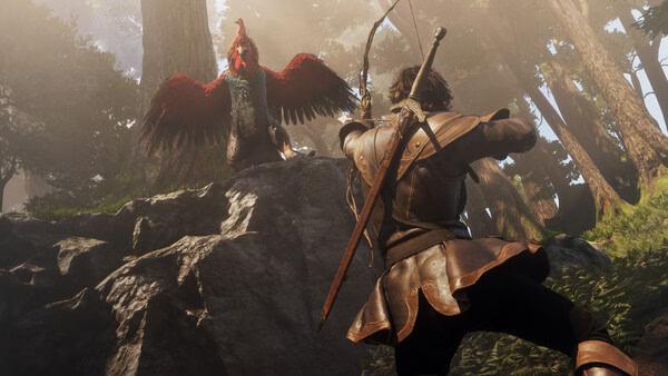 Screenshot from Fable showing a character with a sword facing a large, menacing chicken in a forest setting.