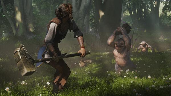 Fable screenshot: A hero wields a shovel, facing off against two trolls in a vibrant forest meadow with sunlight filtering through the trees.