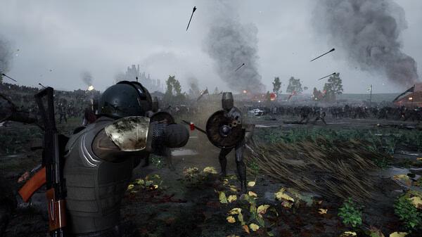 Screenshot from Kingmakers game showing two armored characters in combat, surrounded by arrows and smoke on a battlefield.