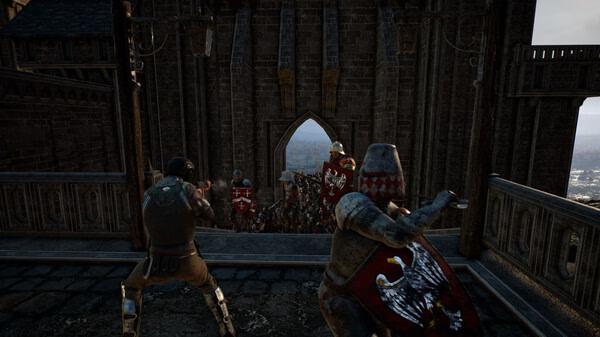 Kingmakers screenshot: Players in medieval armor clash at a castle gate, preparing for battle against incoming foes.