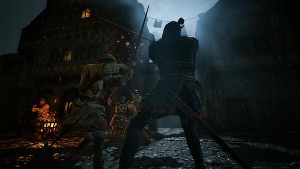 A screenshot from The Blood of Dawnwalker showing a nighttime sword fight in a medieval village with glowing sparks flying.
