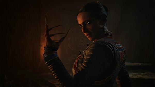 Screenshot from The Blood of Dawnwalker showing a figure with long claws in a dark, mysterious environment.
