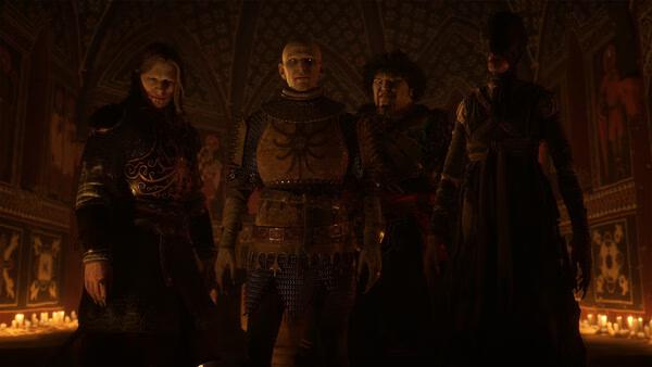 A screenshot from The Blood of Dawnwalker showing four characters in ornate armor standing in a candlelit gothic room.