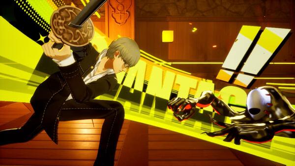 Persona 4 Revival screenshot: A character in a dynamic pose with a sword faces off against a masked enemy in a vibrant setting.