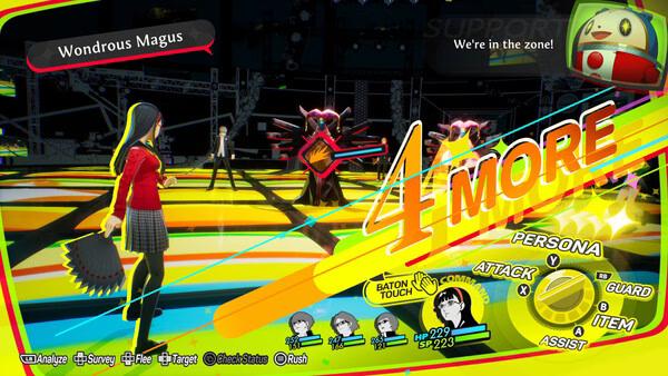 Persona 4 Revival screenshot: A character battles Wondrous Magus on a vibrant stage with game stats and options displayed.
