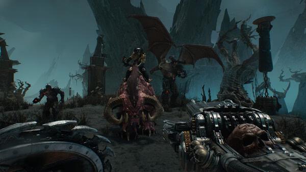 DOOM: The Dark Ages screenshot. A warrior rides a dragon, surrounded by demons in a dark, eerie landscape.