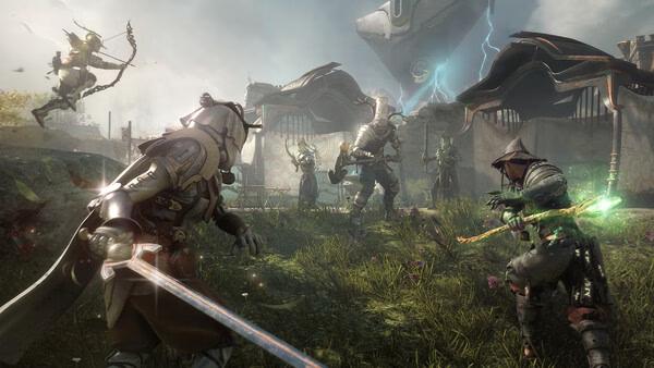 A Soulframe screenshot showing armored characters in combat, wielding swords and bows in a grassy, mystical setting.