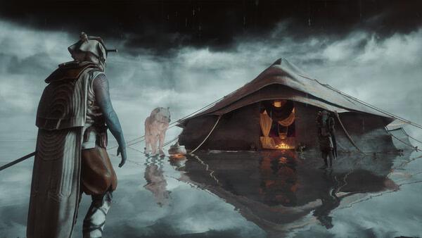 Soulframe screenshot: A warrior approaches a tent in a flooded area, accompanied by a white animal; another figure stands nearby.