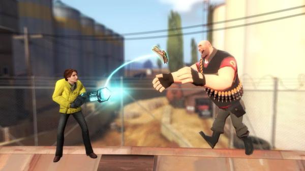 Garry's Mod screenshot: A player in a yellow jacket uses a gravity gun to interact with a character in a dynamic outdoor scene.