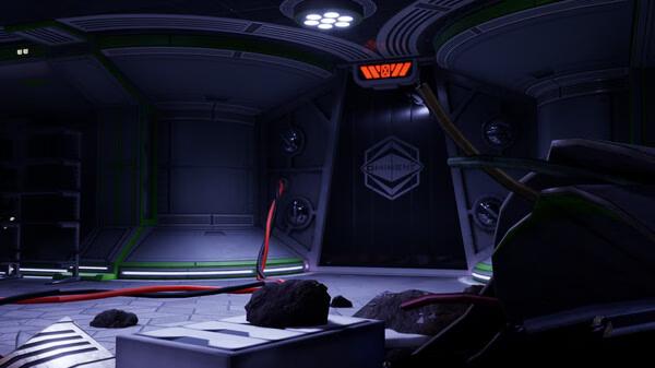 Grounded screenshot: A dimly lit lab with a Chimen door, scattered debris, and glowing red cables on the floor.