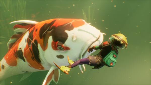 Grounded screenshot: A player character in diving gear faces a large koi fish underwater, showcasing the game's adventurous survival theme.