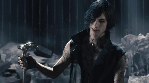 A Devil May Cry 5 screenshot showing a character holding a cane, surrounded by rubble in a dark, atmospheric setting.
