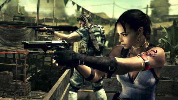 Resident Evil 5 screenshot: Two characters armed with guns in a tense outdoor setting, ready for action amidst a backdrop of chaos.