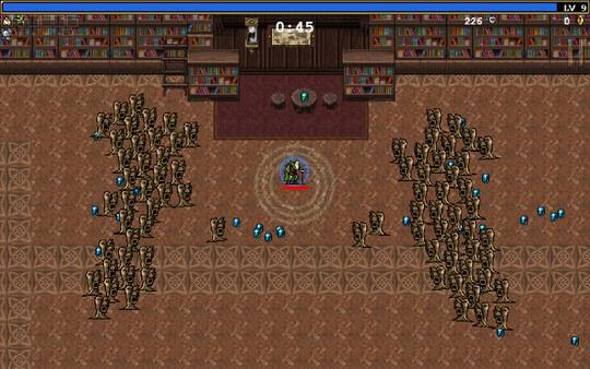 Vampire Survivors screenshot: A character surrounded by enemies in a library setting with glowing blue gems scattered on the ground.