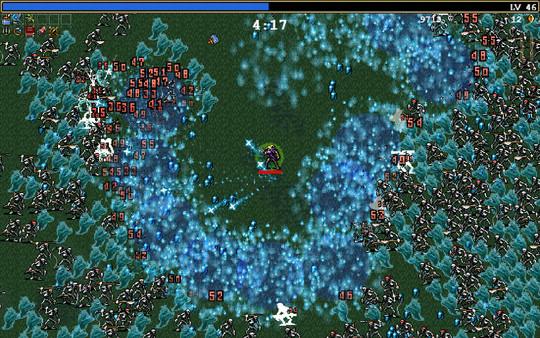 Vampire Survivors screenshot: A character surrounded by glowing blue effects battles waves of enemies in a grassy field.