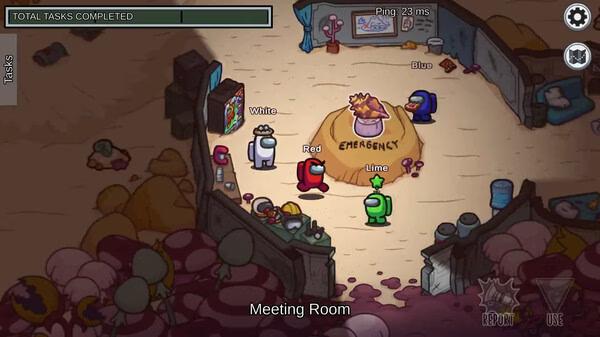 Among Us screenshot: Crewmates White, Red, Lime, and Blue gather near the Emergency button in the Meeting Room.
